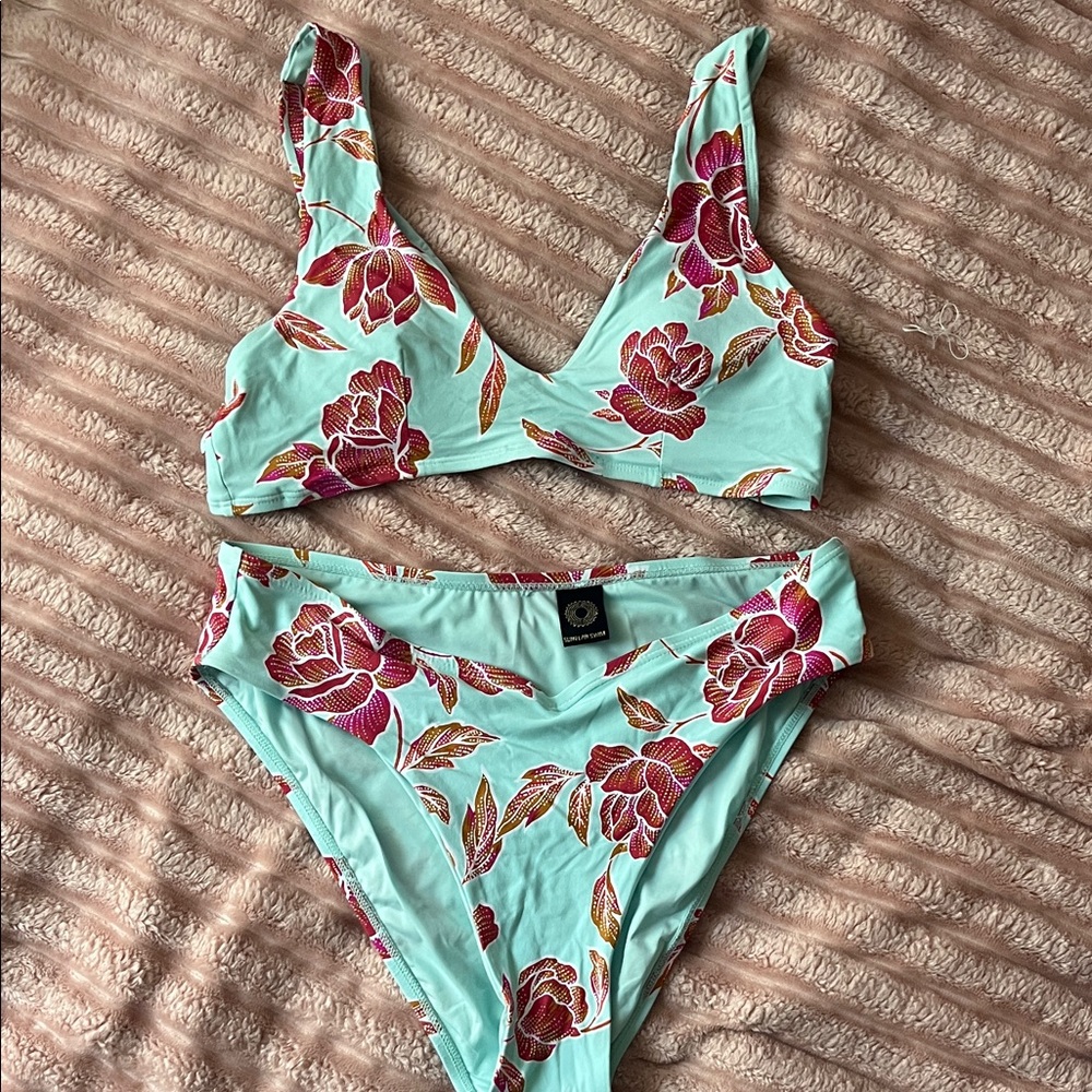 Floral Bikini Set in Aqua and Pink